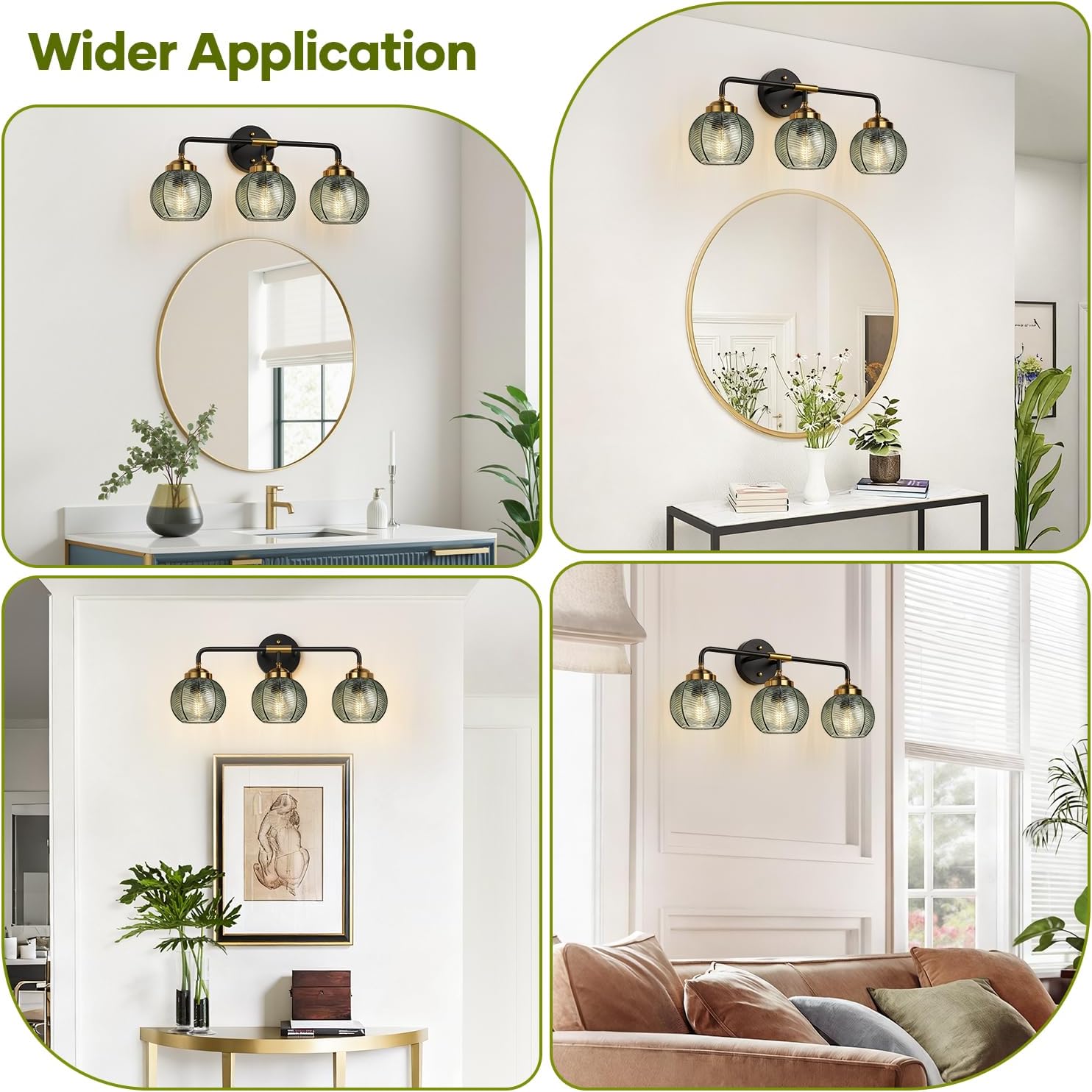 Bathroom Light Fixtures, 3-Light Green Vanity Lights with Unique Leaf Texture Glass Shade, Modern Matte Black and Gold Bathroom Wall Lamp for Mirror Hallway Cabinet Living Room